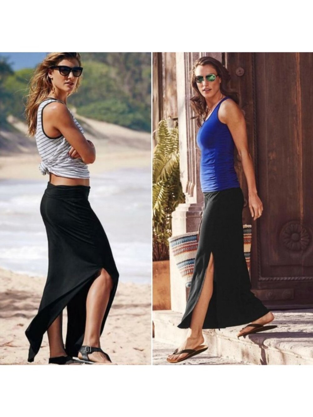 Athleta Seaside Foldover Waist Long Black Side Slits Maxi Skirt L